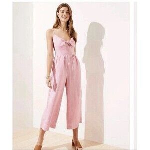 LOFT Jumpsuit Linen Blend Wide Leg Cropped Size 12 Pink Tank Tie Front